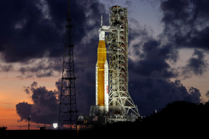 NASA’s next-generation moon rocket, the Space Launch System (SLS) Artemis 1, is shown at the Kennedy Space Center in Cape Canaveral