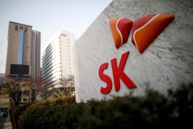 The logo of SK is seen in front of its headquarters in Seoul