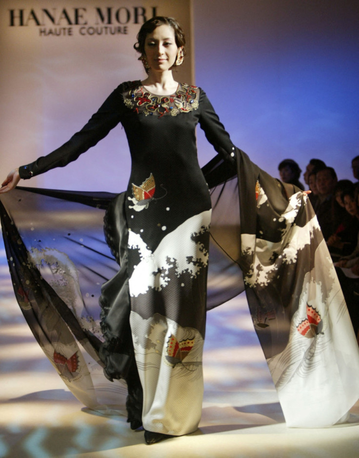 A model wears an outfit by Japanese fashion designer Hanae Mori during her Spring/Summer 2003 show in Tokyo 