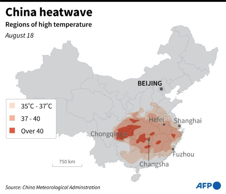 Map showing parts of China experiencing high temperatures on August 18.