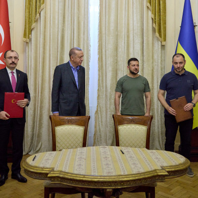 Turkish President Erdogan and Ukraine's President Zelenskiy attend a signing ceremony in Lviv