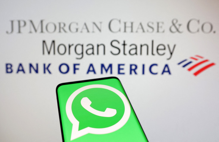 Illustration shows PMorgan Chase & Co, Morgan Stanley and Bank of America and Whatsapp logos