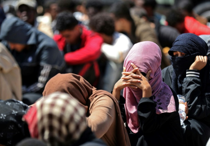 Migrants intercepted by the Libyan coast guard as they attempted to reach Europe are held in a detention camp in Surman, west of the capital Tripoli, pending possible deportation