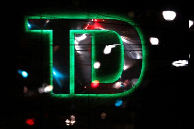 A logo of Toronto Dominion Bank (TD) is seen at a branch location in Toronto