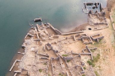 Aerial view of a previously submerged village revealed by low water levels in Cabril dam reservoir in Pedrogao Grande