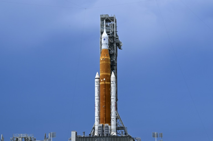 NASA's SLS rocket and the Orion capsule on top of it, on August 26, 2022 at the Kennedy Space Center in Florida, prior to lift-off for NASA's Artemis 1 mission to the Moon