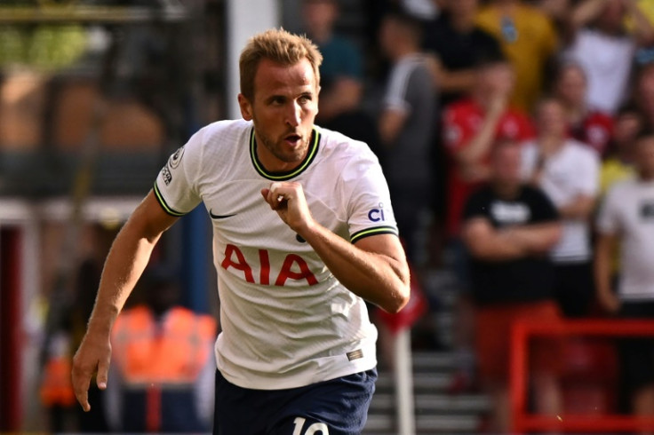 Tottenham striker Harry Kane turns away from Nottingham Forest goal after scoring his second