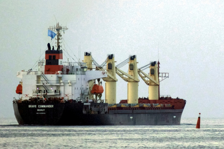 Lebanese-flagged bulk carrier Brave Commander leaves the sea port of Pivdennyi with wheat for Ethiopia, in the town of Yuzhne