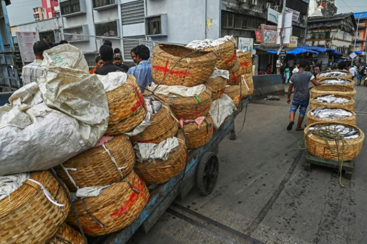 Labourers take a break from pushing a handcart loaded with baskets of fish at a port in Mumbai