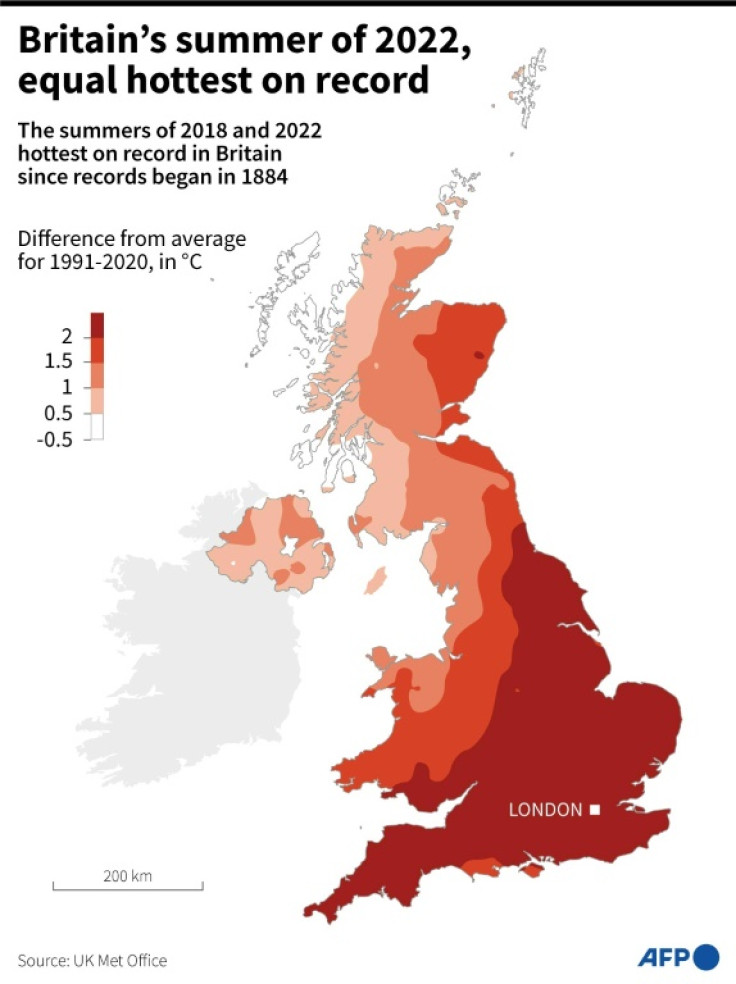 Map of Britain showing the temperature anomalies from June to August 2022, according to the UK Met Office.