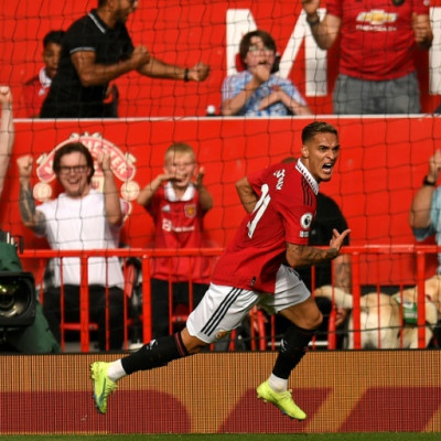 Manchester United's Antony celebrates after scoring against Arsenal