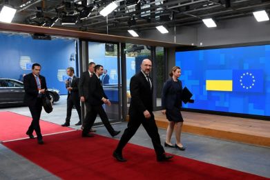 Ukrainian PM Denys Shmyhal arrives for Monday's meeting of the EU-Ukraine Association Council