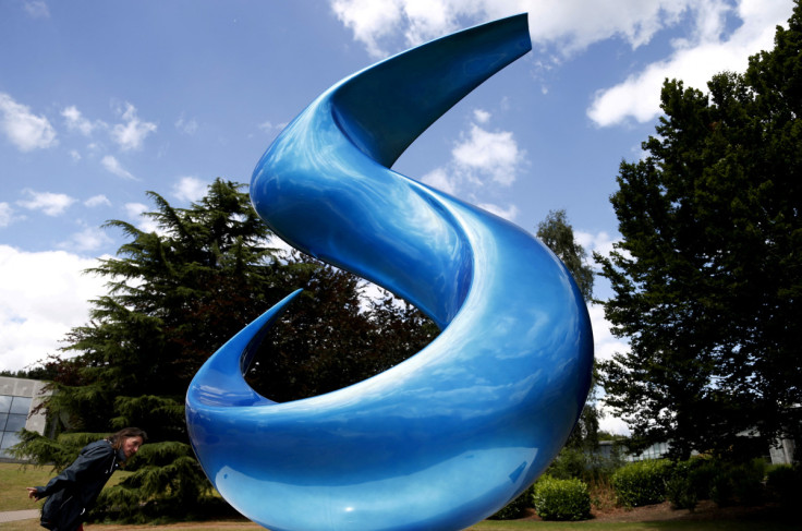 Sculpture depicting the logo of Belgian chemical group Solvay is seen at its headquarters in Brussels, Belgium