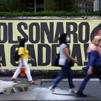 Poster against Brazil’s President Jair Bolsonaro in Sao Paulo