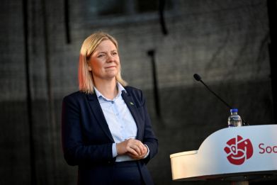 Swedish Prime Minister Magdalena Andersson, party leader of the Social Democrats, gives a speech