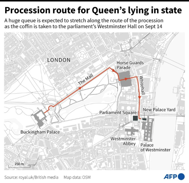 Map showing the planned procession route for the coffin of Queen Elizabeth II, from Buckingham Palace to the parliament's Westminster Hall for the lying in state