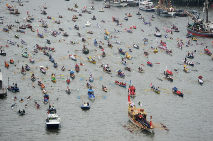 The Queen's rowbarge 'Gloriana' lead the Thames Diamond Jubilee Pageant