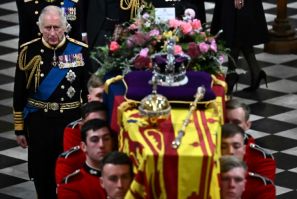 The king's message on the floral tribute to his mother read: 'In loving and devoted memory. Charles R.'