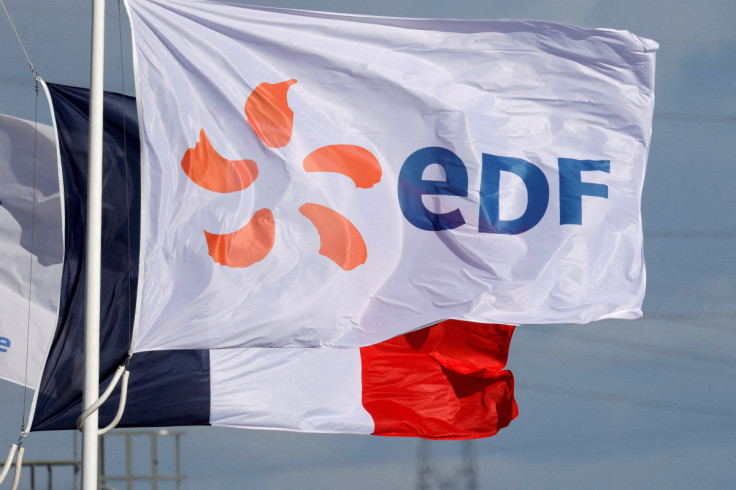 A flag with the EDF logo flies next to the EDF power plant in Bouchain