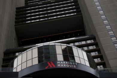 Signage is seen at the Marriott Marquis hotel in Manhattan, New York City