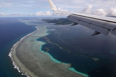 U.S. Secretary of State Pompeo's plane makes its landing approach on Pohnpei International Airport in Kolonia, Federated States of Micronesia