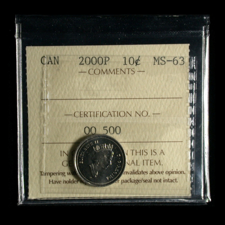 A rare Canadian 2000p 10 cent coin, produced only for testing purposes, is seen in a protective sleeve for auction