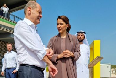 German Chancellor Olaf Scholz, here with UAE Minister of Climate Change Mariam Almheiri touring a mangrove park in Abu Dhabi, is visiting the Gulf to secure energy supplies