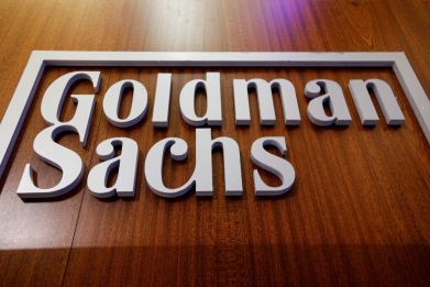 The Goldman Sachs company logo is on the floor of the NYSE in New York