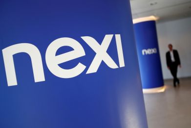 The logo of Italian payments group Nexi is pictured inside their headquarters in Milan
