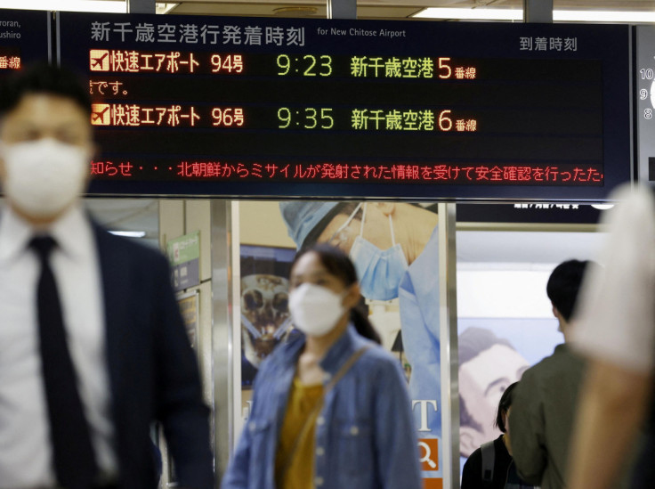 An electric board informing disruptions of the train schedules due to North Korea's missile launch is seen at Sapporo Station in Sapporo, Hokkaido