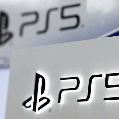 Logos of Sony's PlayStation 5 are displayed at a consumer electronics store in Tokyo