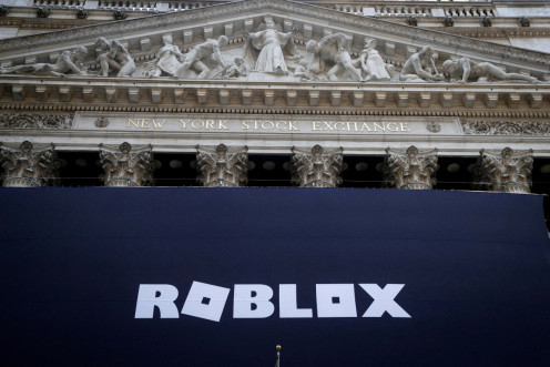 The Roblox logo is displayed on a banner, to celebrate the company's IPO at the NYSE is seen in New York