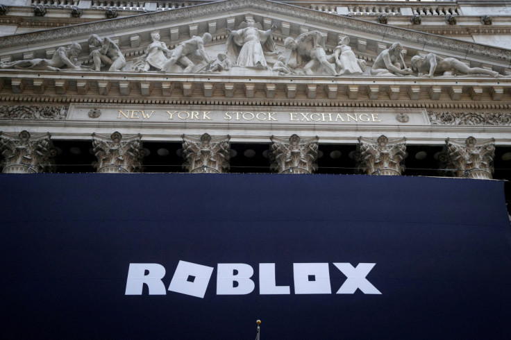 The Roblox logo is displayed on a banner, to celebrate the company's IPO at the NYSE is seen in New York