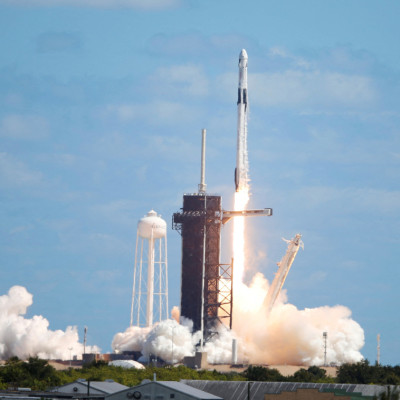 A SpaceX Falcon 9 rocket with the Dragon capsule launches from Pad-39A on the Crew 5 mission to carry four crew members to the International Space Station from NASA's Kennedy Space Center