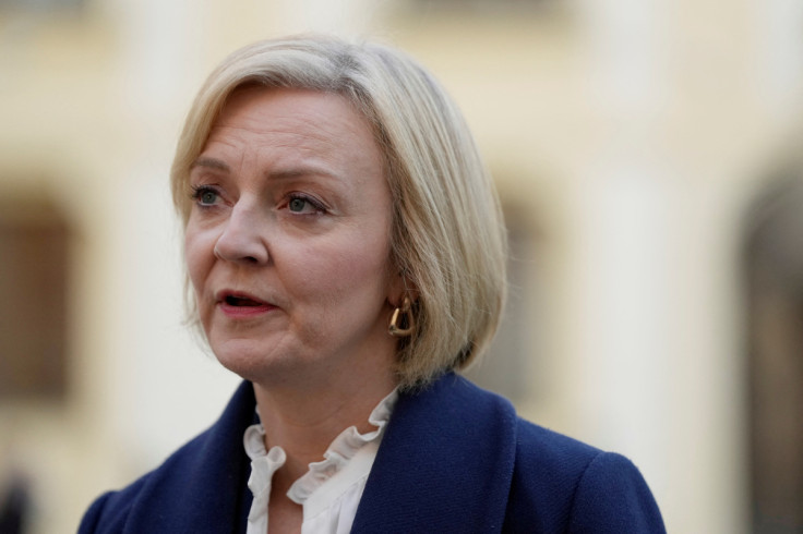 British Prime Minister Liz Truss makes a press statement after a meeting of the European Political Community at Prague Castle in Prague