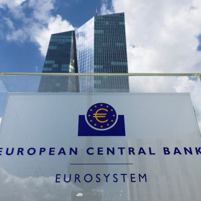 Signage is seen in front of the ECB building, in Frankfurt