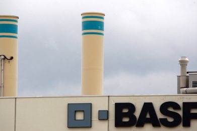 A logo is seen on the facade of the BASF plant in Schweizerhalle