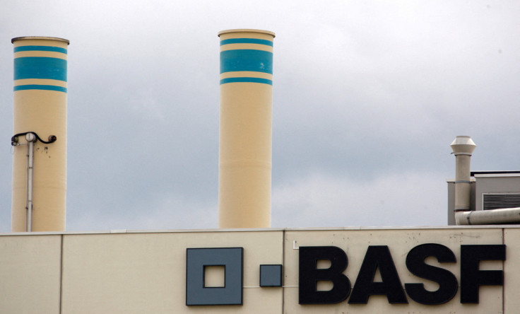 A logo is seen on the facade of the BASF plant in Schweizerhalle