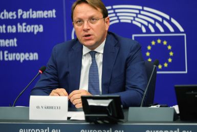 European Commissioner for Neighbourhood and Enlargement Oliver Varhelyi attends a press conference on the enlargement package 2021 at the European Parliament in Strasbourg