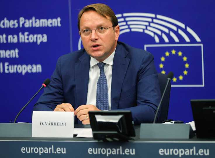 European Commissioner for Neighbourhood and Enlargement Oliver Varhelyi attends a press conference on the enlargement package 2021 at the European Parliament in Strasbourg