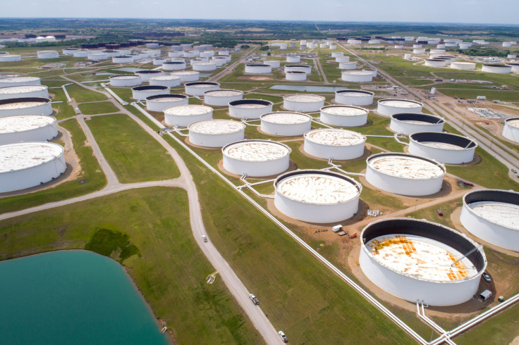 Crude oil storage tanks are seen in an aerial photograph at the Cushing oil hub