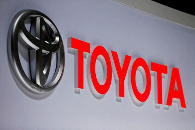 A Toyota logo is displayed at the 89th Geneva International Motor Show in Geneva