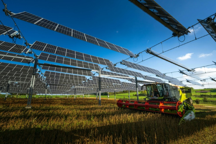 A farmer drives a combine harvester to collect soybeans under hanging solar panels on an agrivoltaic site in Amance, eastern France