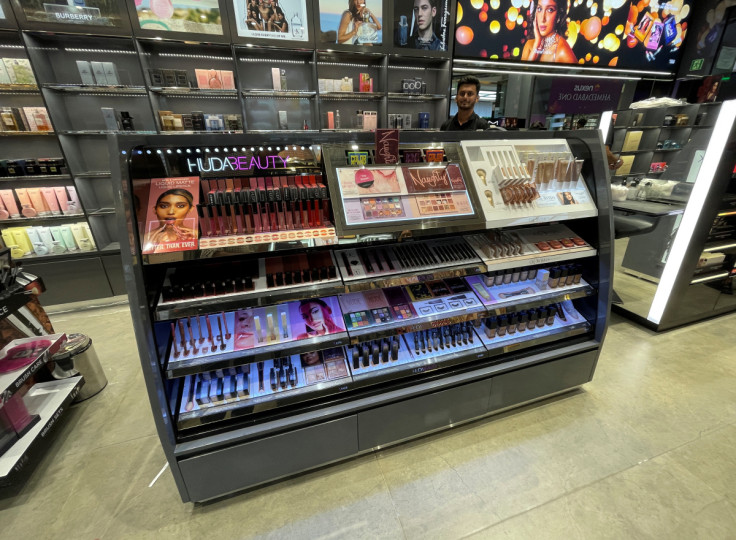 Cosmetic products are seen for sale inside a store in Ahmedabad