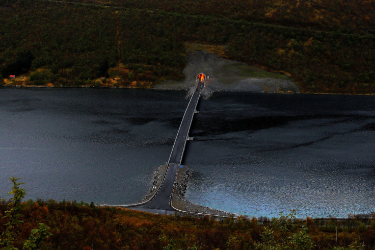 A bridge connects parts of Senja island over a fiord, north of the Arctic Circle in Norway