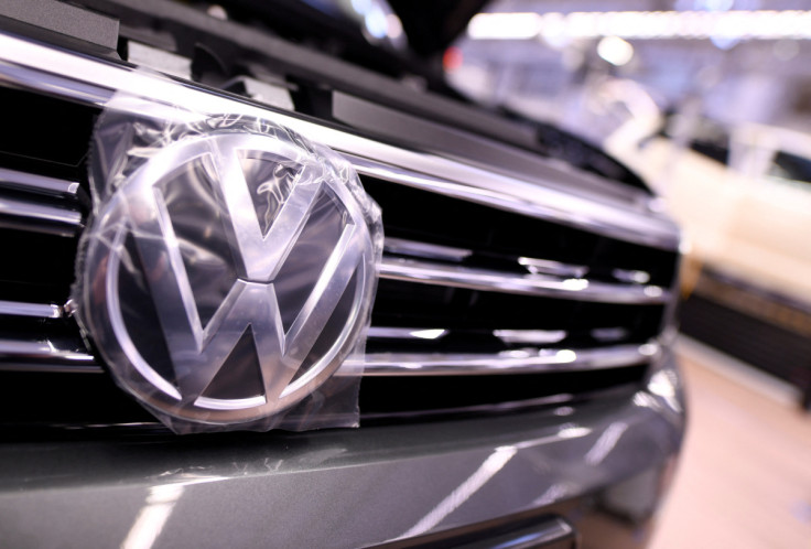 A Volkswagen logo is pictured in a production line at the Volkswagen plant in Wolfsburg