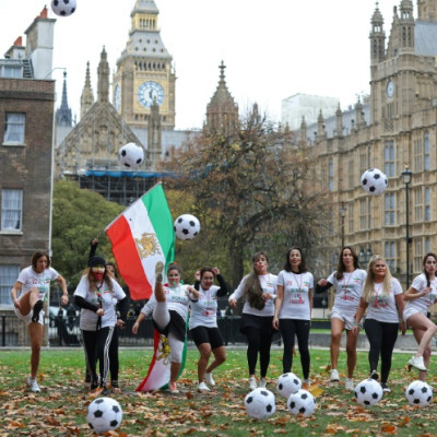 British-Iranian women demonstrated outside the UK parliament on Saturday before Iran's World Cup match with England