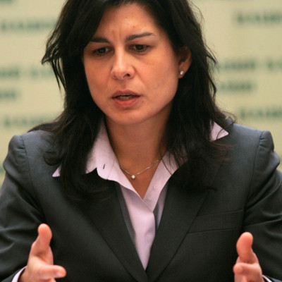 The International Monetary Fund mission's head Ceyla Pazarbasioglu speaks during a news conference in Kyiv