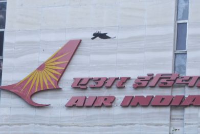 A bird flies over a logo of Air India airlines at the corporate headquarters in Mumbai