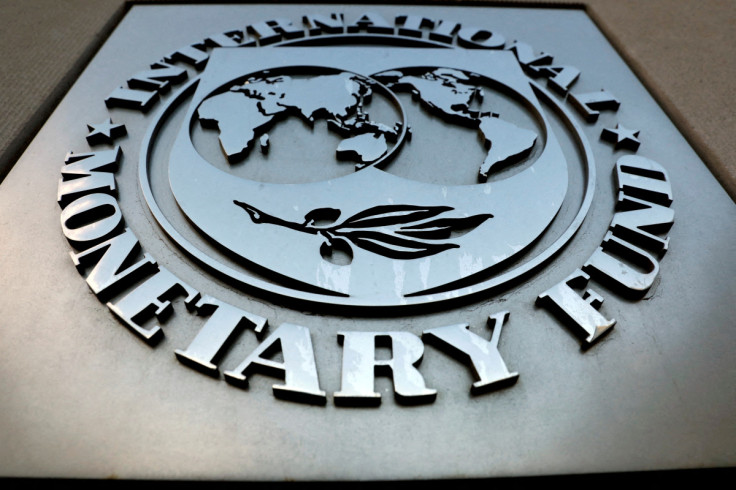 The IMF logo is seen outside the headquarters building in Washington